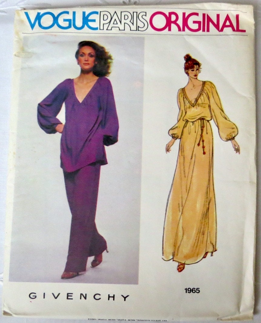 Vogue Paris Original, Factory Folded, Pattern 1965, Size 12, GIVENCHY, 1970S, Tunic & Pants, Long Dress, Deep V-Neck