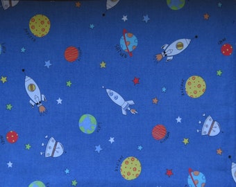 Rocket Ship Cotton Fabric, Denim Blue Outer Space Print, Children's Apparel