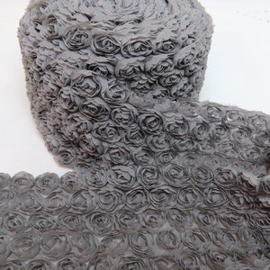 Shabby Chic Gray Rosettes, Fabric Roses, Sold by the Foot, Scrapbooking, Headbands, Apparel, Collage, Grey Rosette Trim, 3.5 inches wide