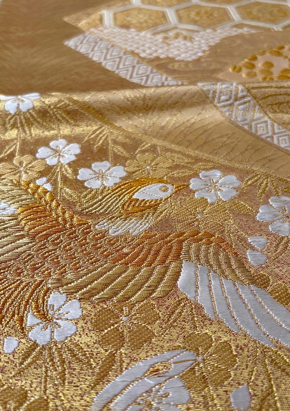 Vintage Japanese Silk Fukuro Obi, Kimono Accessory, Gold Brocade,