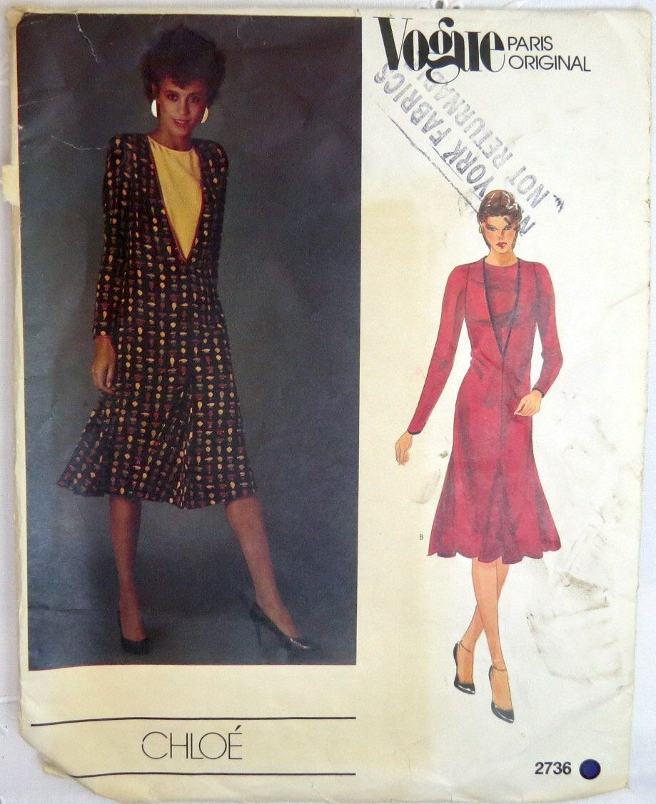 Vogue Paris Original, Pattern 2736, Size 12, CHLOE, 1980s, Factory Folded, Flared Dress, Long Sleeves, Shoulder Pads, Underbodice