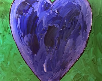 May include: A blue heart painted on a green background. The heart is painted with thick strokes of blue paint, giving it a textured look.