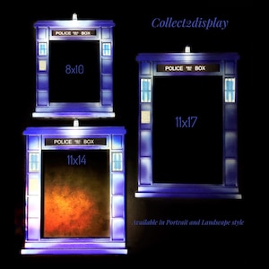 May include: Three blue and white TARDIS-style picture frames with POLICE BOX text. The frames are available in 8x10, 11x14, and 11x17 inch sizes. The text "Collect2display" is visible in the top right corner of the image.