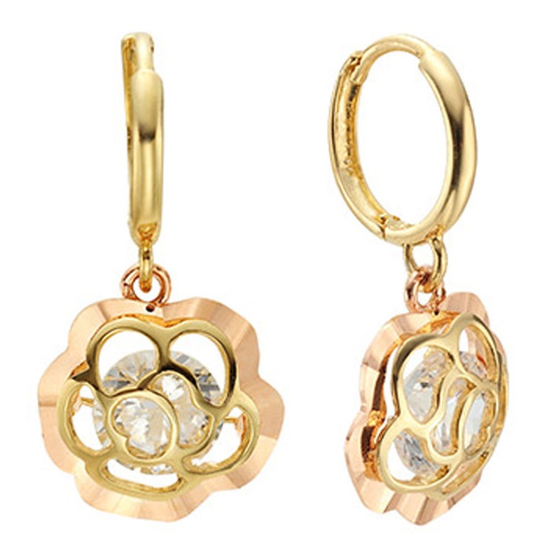 14k Solid Yellow/&Rose Gold Hoop Earrings Rose 6862 Charming Rose Design Lovely
