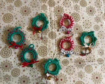 Christmas wreath brooches with jingle bell and ribbon crocheted bamboo wool