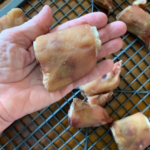 Pode incluir: Close-up de uma m&atilde;o segurando uma pata de porco crua, com v&aacute;rias outras patas de porco em uma grelha de arame no fundo.