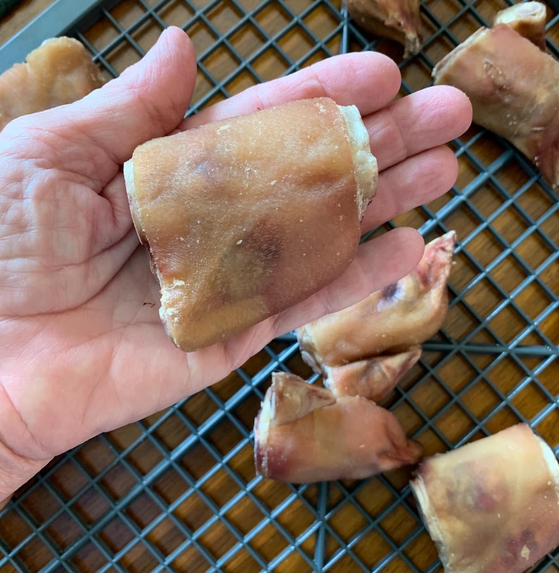 Pode incluir: Close-up de uma m&atilde;o segurando uma pata de porco crua, com v&aacute;rias outras patas de porco em uma grelha de arame no fundo.