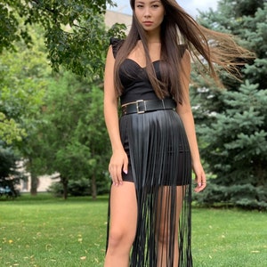 Skirt fringe,belt fringe,leather skirt fringe, long black leather fringe belt image 1