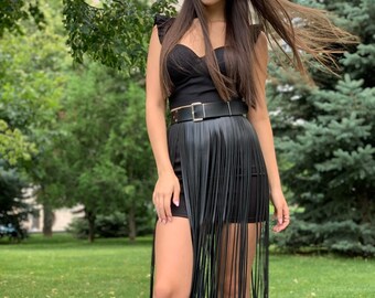 Skirt fringe,belt fringe,leather skirt fringe, long black leather fringe belt