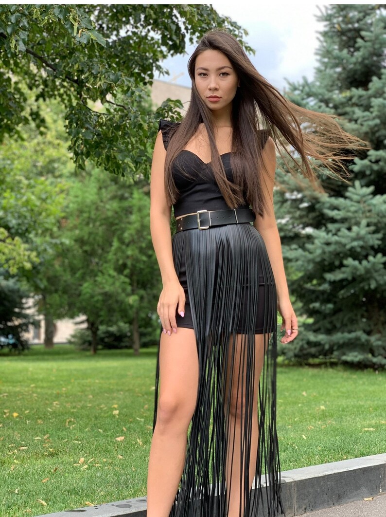 Skirt fringe,belt fringe,leather skirt fringe, long black leather fringe belt image 1