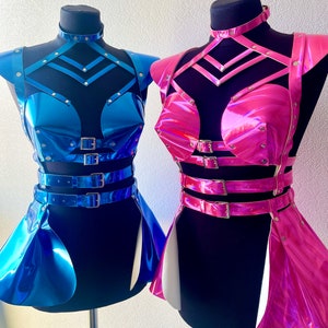 Komplet biustonosza ze sztucznej skóry z holograficznym wzorem, strój na festiwal Cyberpunk, ręcznie robiony