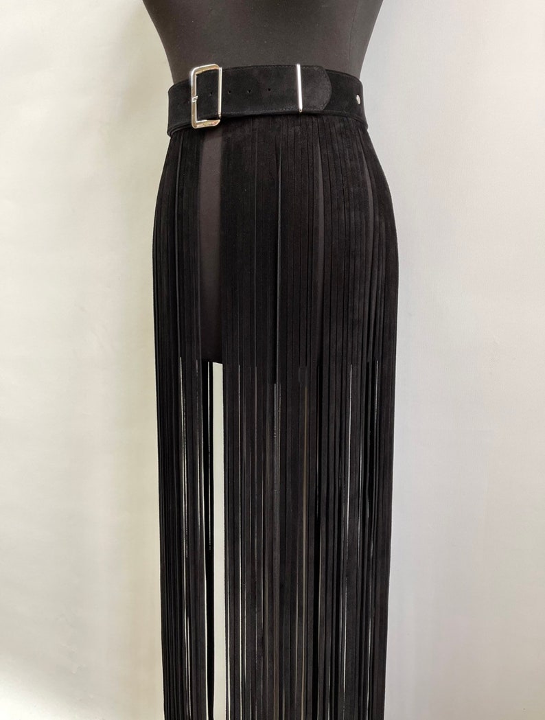 Skirt fringe,belt fringe,leather skirt fringe, long black leather fringe belt image 5