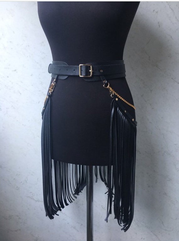Fringe skirt with chains leather fringe skirtleather skirt | Etsy