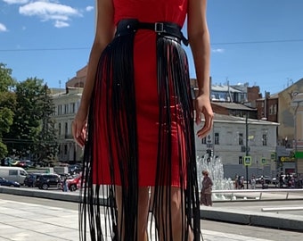 Fringe skirt with corset belt ,leather fringe skirt,fringe belt