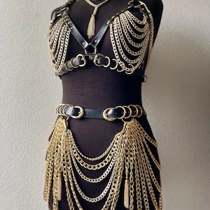 Traje de escenario con cadenas, conjunto con falda de cadenas, conjunto con cadenas, traje de actuación con cadenas