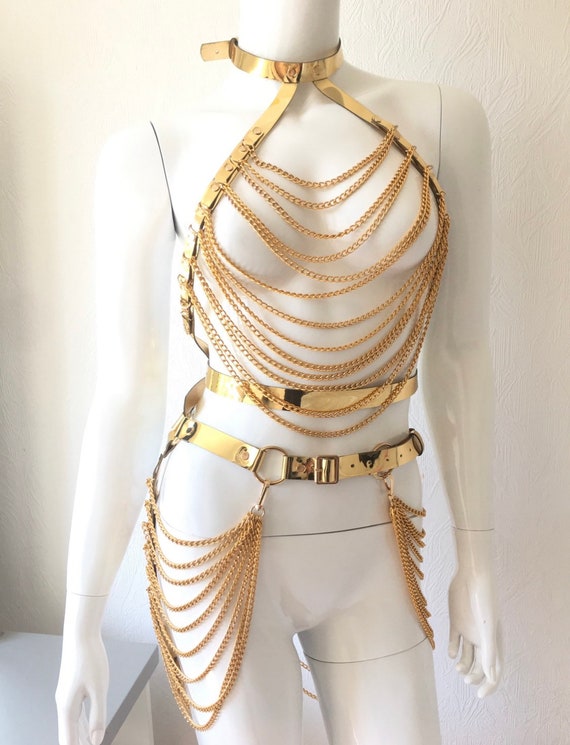 PU Leather Layered Chain Choker Harness Amazon.com: Punk Layered Body Chain Laser Belt Leather Chest  main image 2