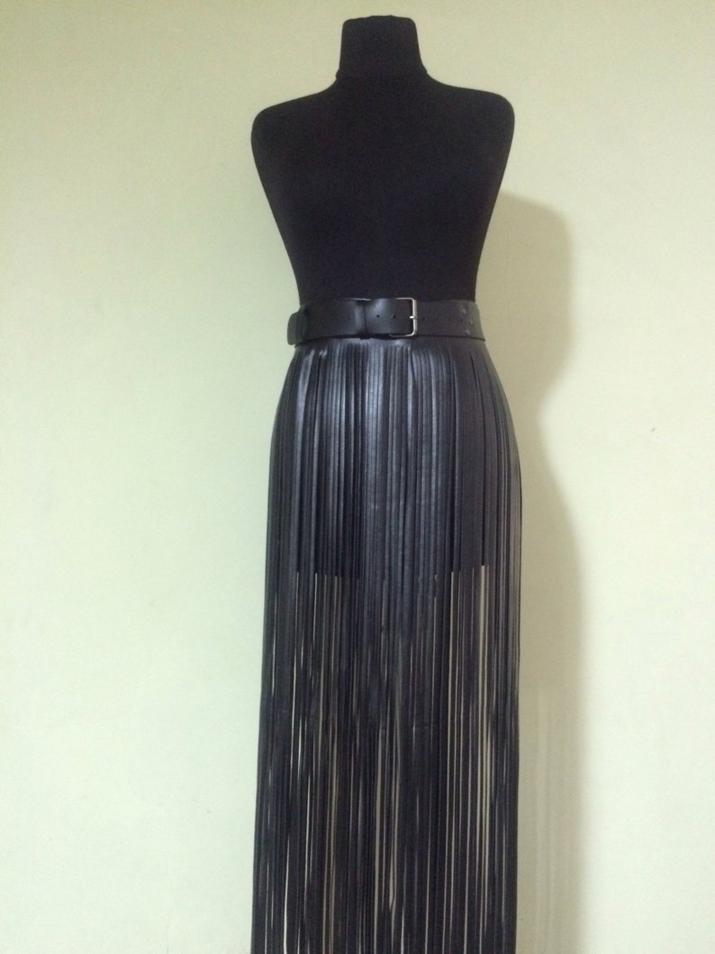 Skirt fringe,belt fringe,leather skirt fringe, long black leather fringe belt image 2