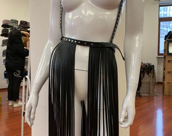 Skirt fringe with rivets,belt fringe,leather skirt fringe, long black leather,fringe belt,Costume Set,Dress for Festival, Dance Show