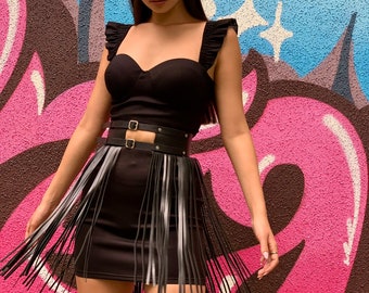 Fringe skirt with double belt,fringe medium ,skirt fringe,vegan leather skirt