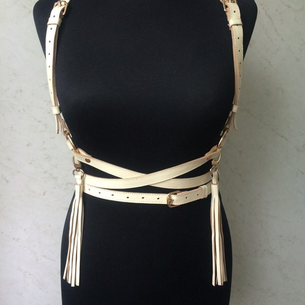 Leather harness with tassels ,vegan leather harness, Trendy accessory,faux leather suspenders