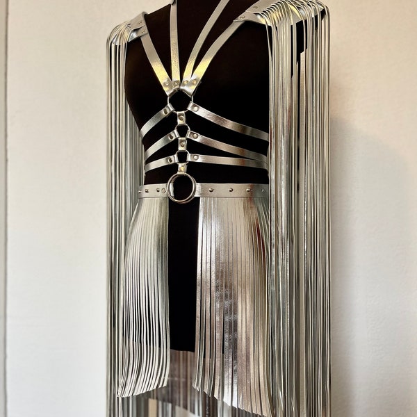 Stage costume with fringe,long fringe harness ,cosplay wearing,festival costume,burningman fashion