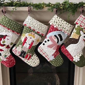 Quilted Christmas Stocking - Santa, Snowman, Nutcracker, Reindeer - Handmade Family Heirloom Farmhouse Decor