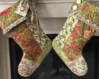 William Morris Christmas Stocking, Traditional Patchwork Quilted Stocking, Multi Colour Holiday Sock, Made to Order Right or Left Toe Facing