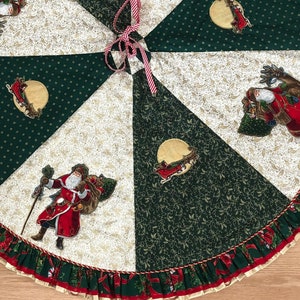 Quilted Christmas Tree Skirt: 51" Ruffle, Santa Appliqué, Gold Accents
