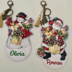 Personalized Quilted Christmas Name Tag: Bronze Clasp, Santa, Snowman