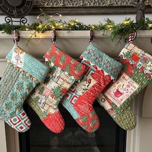 ハンドメイドパッチワーククリスマスストッキング：プレーリーポイントトリム、特大