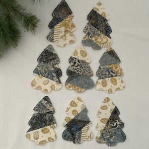 Handmade Primitive Crazy Quilt Christmas Tree Appliqué, Blue William Morris Iron-On Craft Patches