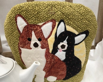 Corgi Tea Cozy with Cross Stitch Crown,  Quilted Royal Cozy, Cover for Teapot, 2 Piece