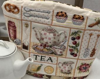 Handmade Tea Cozy, Cover for Teapot, Tea Caddy, Teatime Cross Stitch, 2 Piece