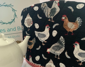 Farmhouse Quilted Tea Cozy, Rooster & Hens, Insulated Teapot Cover