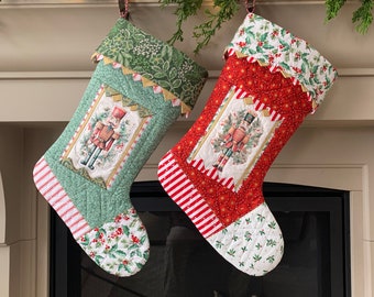 Nutcracker Soldier Stocking with Prairie Point Cuff, Red Quilted Stocking, Green Floral Sock, Custom Order Left or Right Toe