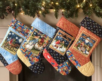 Set of Four Nativity Stockings, Family Christian Stockings, Catholic Stockings, Quilted Christmas Stockings, Order Right or Left Toe Facing