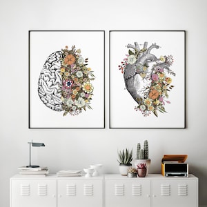 Set of 2 Vintage Anatomy Floral Heart Brain Print Instant Art INSTANT DOWNLOAD Printable Wall Decor