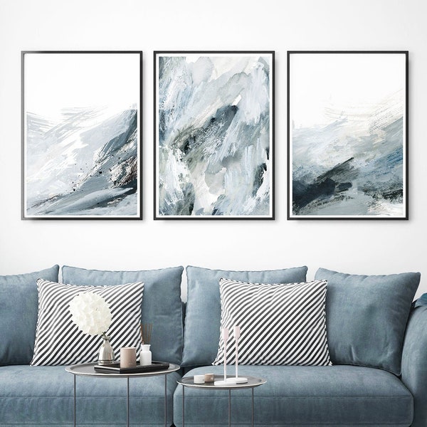 Conjunto de pintura azul de 3, impresión de acuarela abstracta, arte imprimible, descarga instantánea, cartel minimalista moderno, decoración de pared imprimible