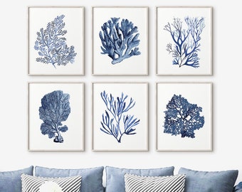 Indigo Blue Seaweed Set of 6 Coral Watercolor Digital Print Instant Art INSTANT DOWNLOAD Printable Wall Decor