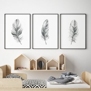 Grey Feathers Watercolor Print set of 3 Instant Art INSTANT DOWNLOAD Printable Wall Decor