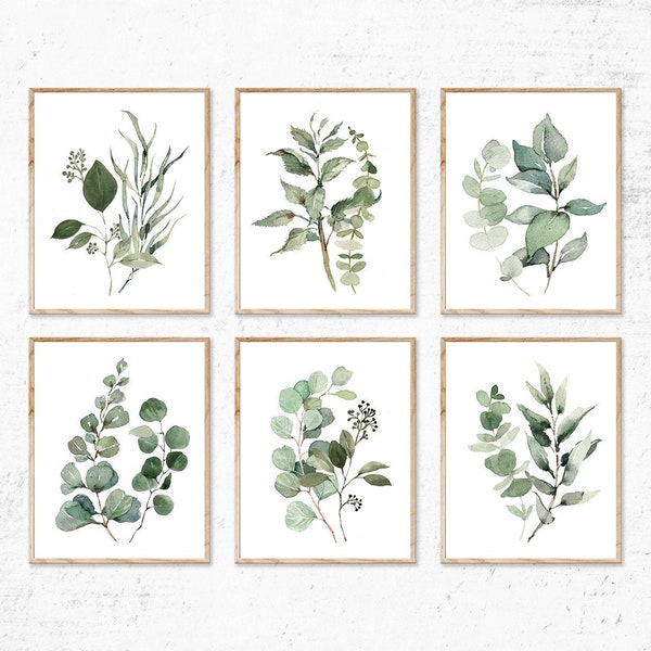 Botanical  Watercolor Print set of 6, Greenery Leaves Instant Art INSTANT DOWNLOAD Printable Wall Decor