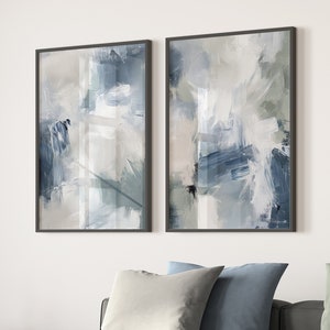 Blaue und graue abstrakte Malerei 2er-Set, neutraler minimaler Druck, druckbare Kunst, modernes minimalistisches Poster, druckbares Wanddekor