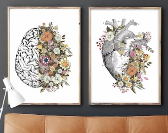 Set of 2 Vintage Anatomy Floral Heart Brain Print Instant Art INSTANT DOWNLOAD Printable Wall Decor