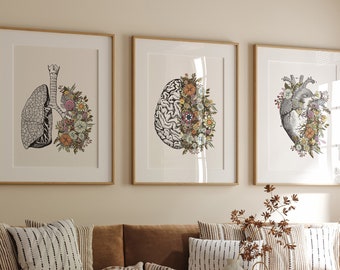 Lot De 3 Posters Vintage Anatomie - Cœur, Cerveau Et Poumons En Fleurs, Art Mural Déco