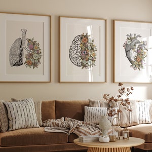 Set of 3 Vintage Anatomy Floral Heart Brain Lungs Print Instant Art ...