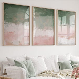 Abstract Pink Green Painting Print Set of 3, Soft Neutral Art, Modern Printable, Acrylic Painting, Minimalist Poster, Printable Wall Decor