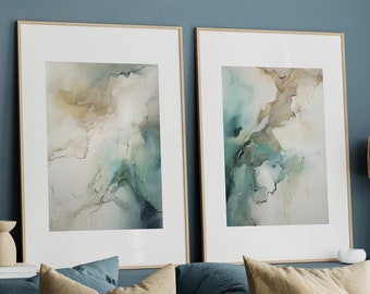 Turquoise Abstract Painting Set of 2, Neutral Marble Print, Printable Art, Modern Minimalist Poster, Printable Wall Decor