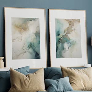 Turquoise Abstract Painting Set of 2, Neutral Marble Print, Printable Art, Modern Minimalist Poster, Printable Wall Decor