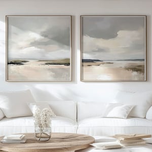 Conjunto de pinturas de paisagens neutras com 2 impressões quadradas, impressão acrílica abstrata, arte para impressão, pôster minimalista moderno, decoração de parede para impressão