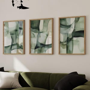 Green Abstract Painting Set of 3, Neutral Print, Sage Pastel Green, Modern Minimalist Poster, Printable Wall Decor